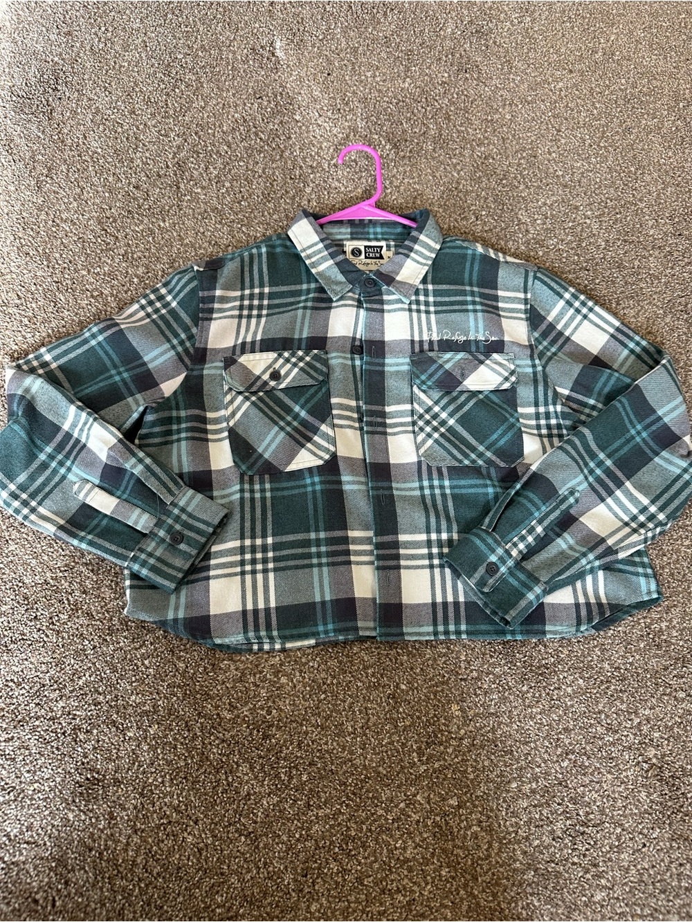 Plaid Flannel Shirt Jacket - Green/White Cropped style.